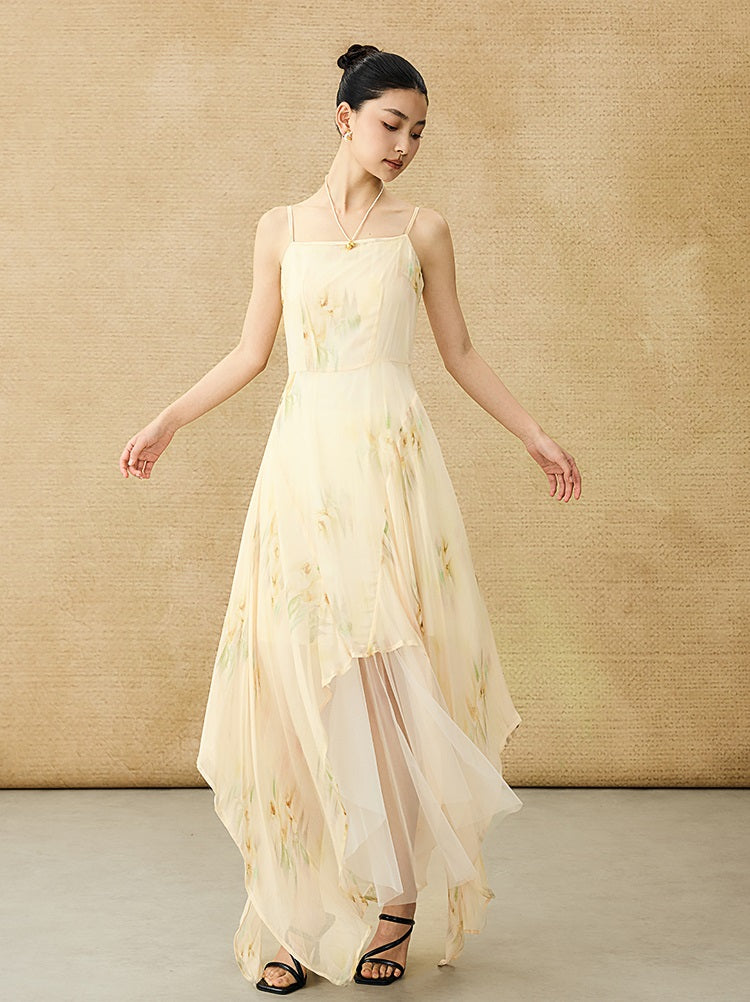 HECO Chinese Style Silk Chiffon Slip Summer Water Ripple Print Long Skirt - PEKKER.