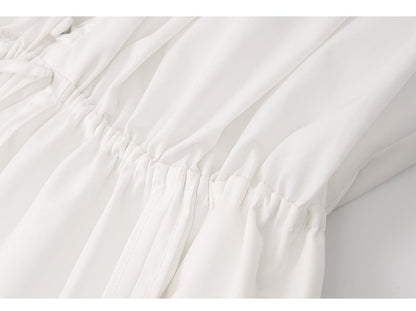 LEDIM W French V-Neck Breasted Waist Slim Summer white dress- Kaio