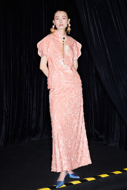 M essential Mackay designer label orange embroidered stand-up collar frame structure slim top - DEMI.