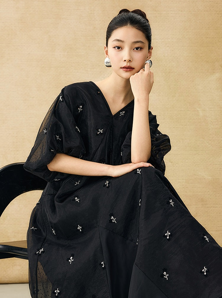 HECO  New Chinese Embroidered V-Neck Puff Sleeve Dress - CORAINE.
