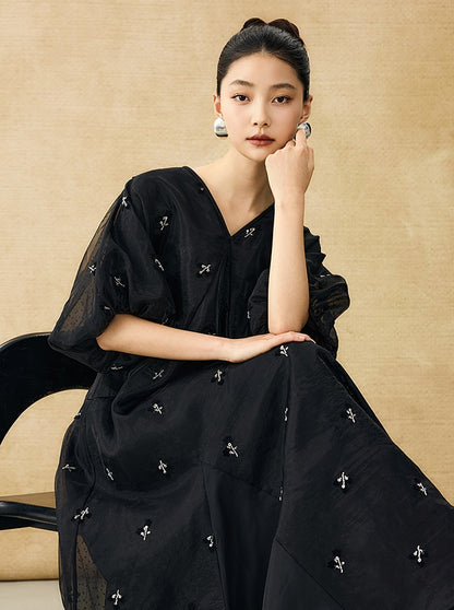 HECO  New Chinese Embroidered V-Neck Puff Sleeve Dress - CORAINE.