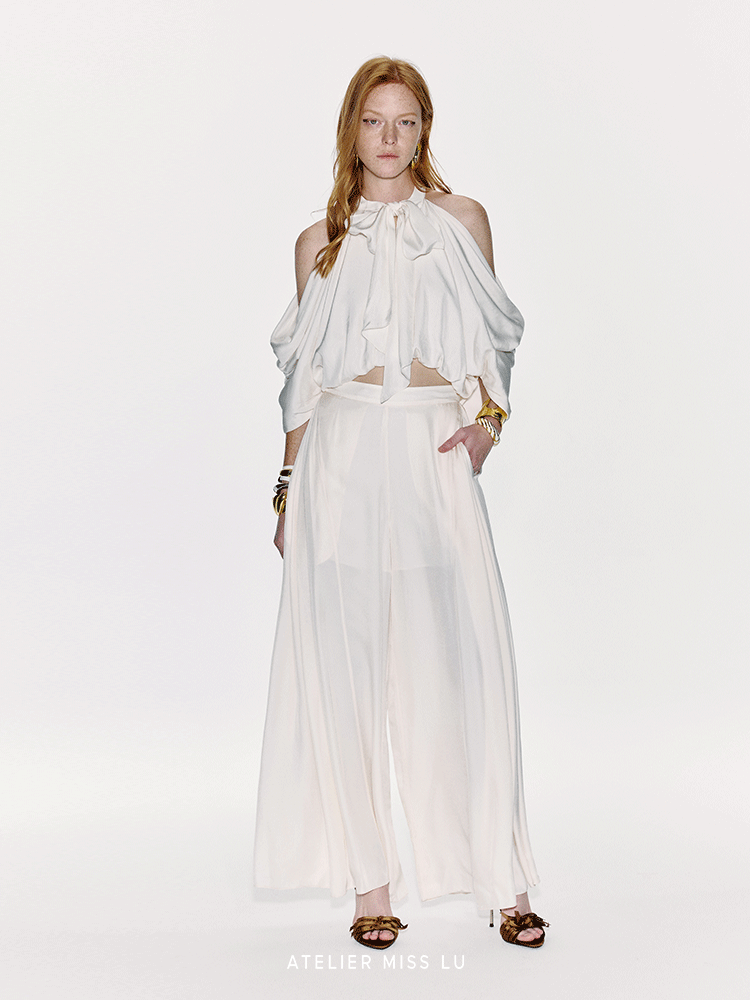 ATELIER MISS LU Draped Off-the-Shoulder Streamers Acetate Top - ATTERY