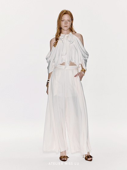 ATELIER MISS LU Draped Off-the-Shoulder Streamers Acetate Top - ATTERY