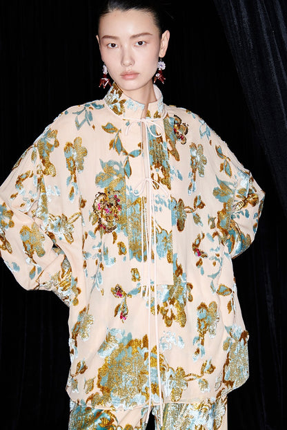 M essential Mackay designer brand Qili burnt flower velvet beads loose top - WORD.