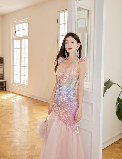 DOLLY Luxury Gradient Deep V-Neck Sleeveless Sequin Long Backless Party Dress-IVETTE