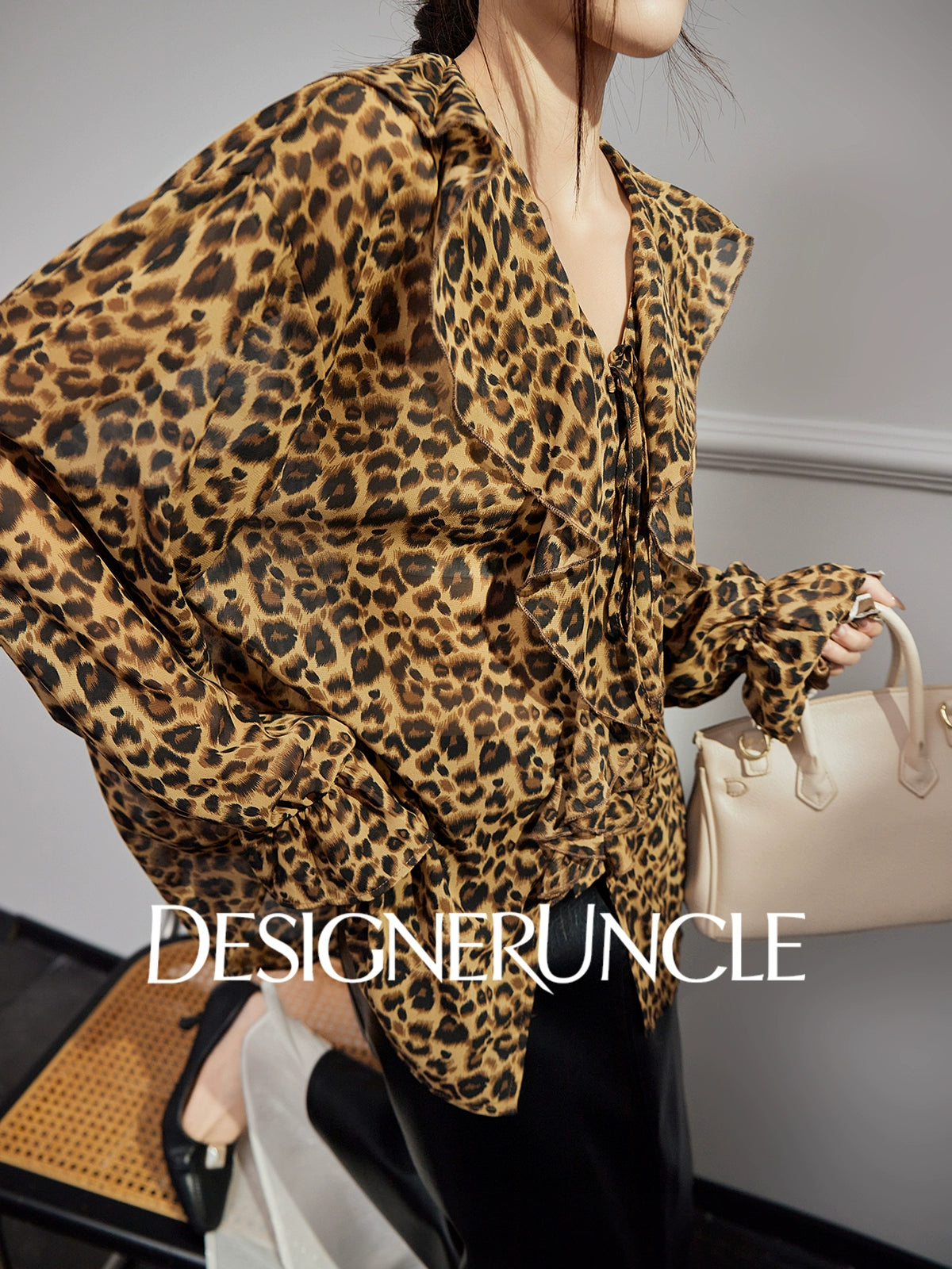DGU |Leopard print light luxury niche loose retro V-neck design long-sleeved top - GLORY.