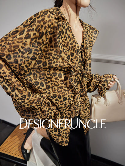 DGU |Leopard print light luxury niche loose retro V-neck design long-sleeved top - GLORY.