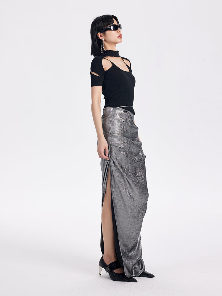 TINY IN cut-out high neck u-neck short sleeve fake two-piece top - COM