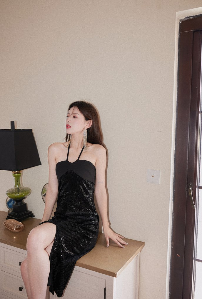 DOLLY Elegant Black Sequin Halter Neck Tube Top Slit Dinner Date Dress-VALENCIA