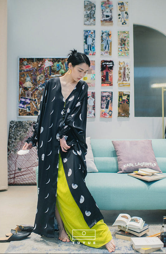 TUYUE moon print lantern cuff buckle holiday long coat- FATIMA.