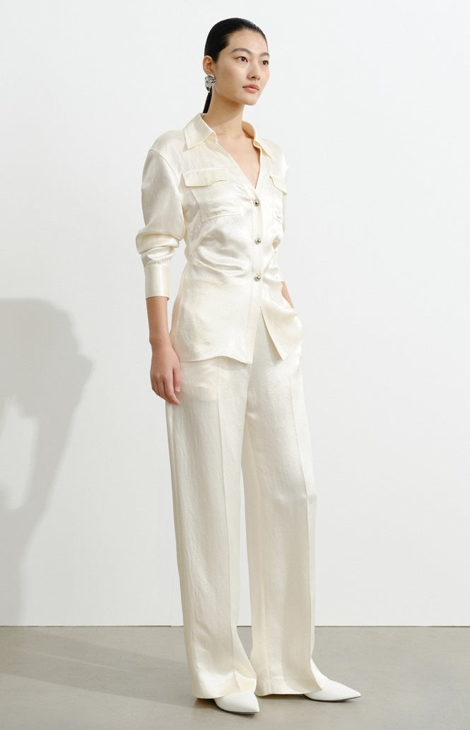 COMME MOI Lv Yan Designer Summer Acetate Texture V-Neck Waist Shirt - AYLA.