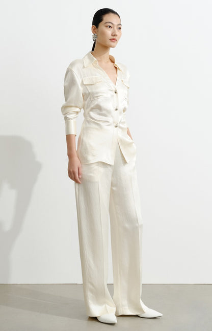 COMME MOI Lv Yan Designer Summer Acetate Texture V-Neck Waist Shirt - AYLA.