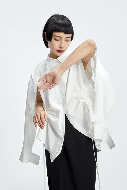 TINY IN  two irregular drawstrings waist cinching blue white shirts-DANTE