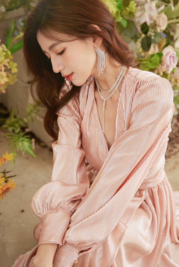 DOLLY Elegant Peach V-Neck Long Puff Sleeve High Waist Long Flowing Guest Dress-BESTY