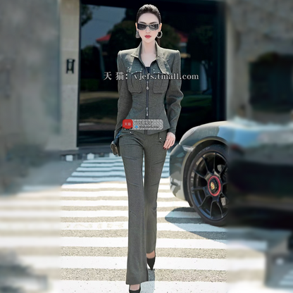 VJE denim top straight-leg pants two-piece set suit-MEA.