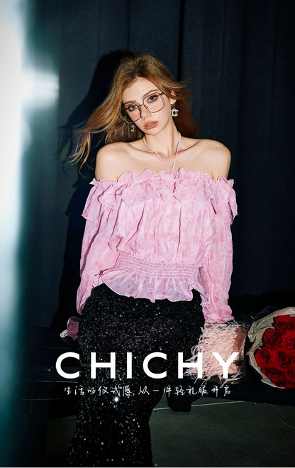 CHICHY French beautiful one-line collar long sleeve super fairy floral shirt-KIM