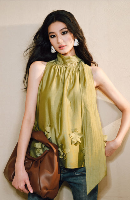 WANGXO Luxury Brand High-End Tencel Acetate Heavy Handmade Nail Flowers French Loose Ribbon Sleeveless Top - MAEVE