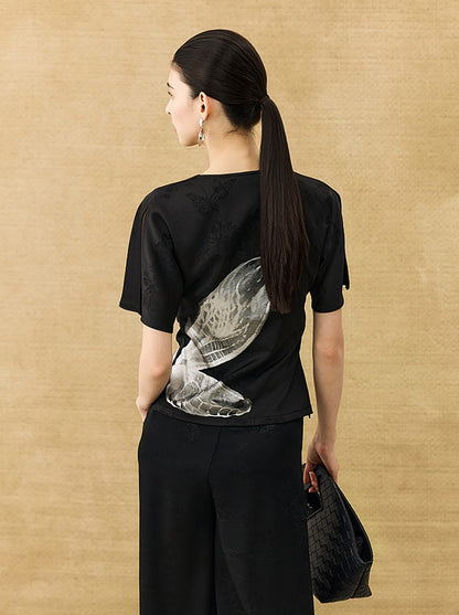 HECO Chinese Art Butterfly Print Swing Neck T-Shirt Waist Slim Top - CONJOR .