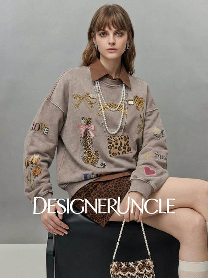 DGU×LAB "Twilight" gray sweatshirt new leopard print casual top - FAITH