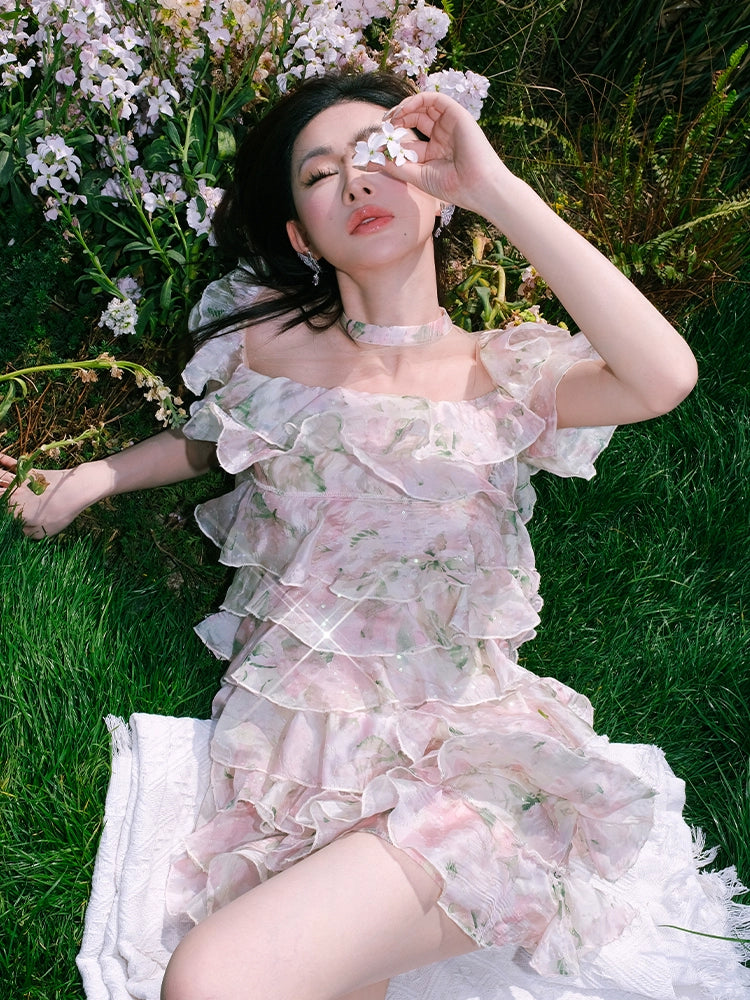 Wardrobes by Chen Elegant Short Sleeve Flower Print Party Short Dress-Dami