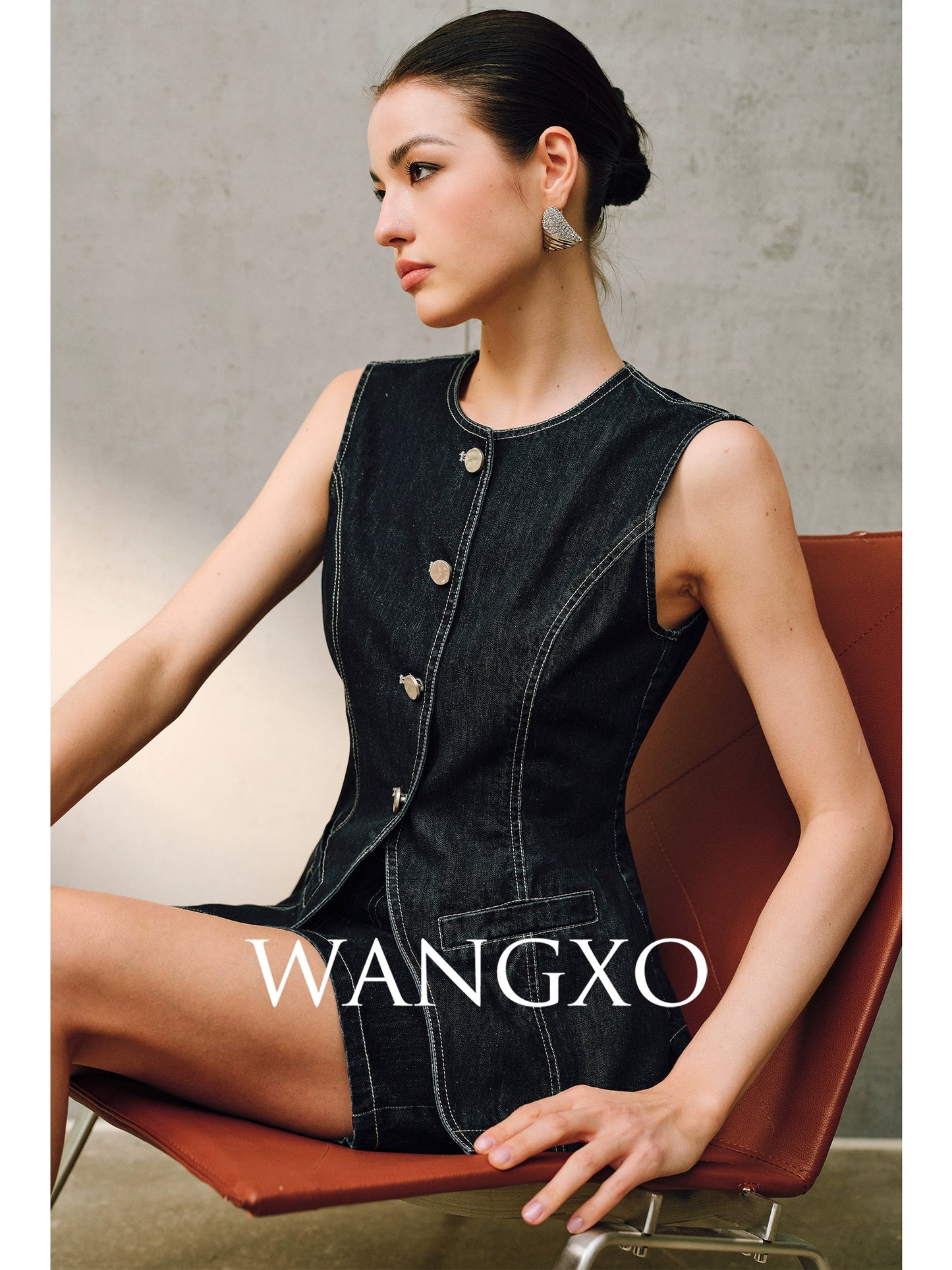 WANGXO | Denim with High-Quality Cotton Blend Waist Contrast Line Denim Vest & Skirt Set -ZIVA