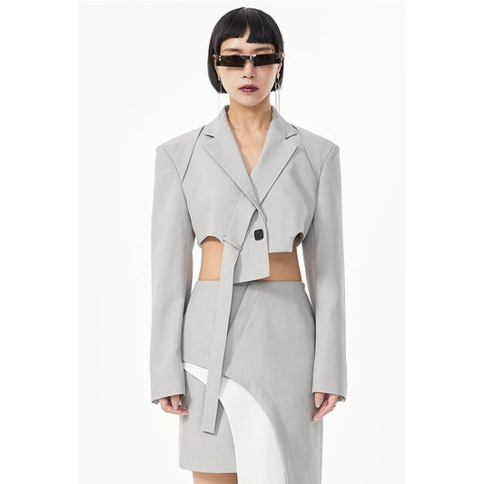 TINY IN ultra-short irregularly cut women's one-button black gray blazer -XYRAS
