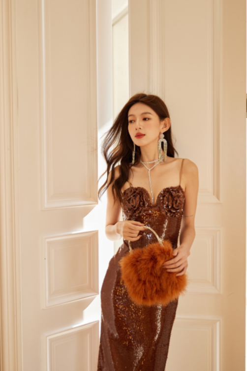 DOLLY High End Brown V-neck Sleeveless Flower Design Long Dress-OVA