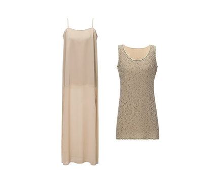 WANGXO | Satin-Stitched Georgette & Stretch Sequin Knit  Suspender Skirt & Vest Skirt Set -LUMA