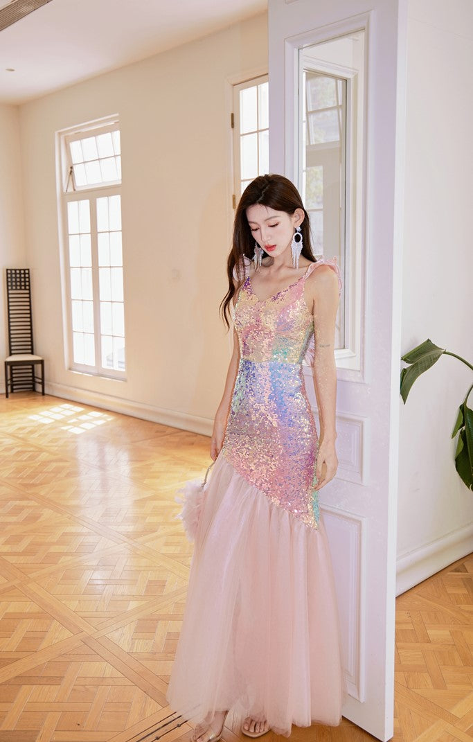 DOLLY Luxury Gradient Deep V-Neck Sleeveless Sequin Long Backless Party Dress-IVETTE