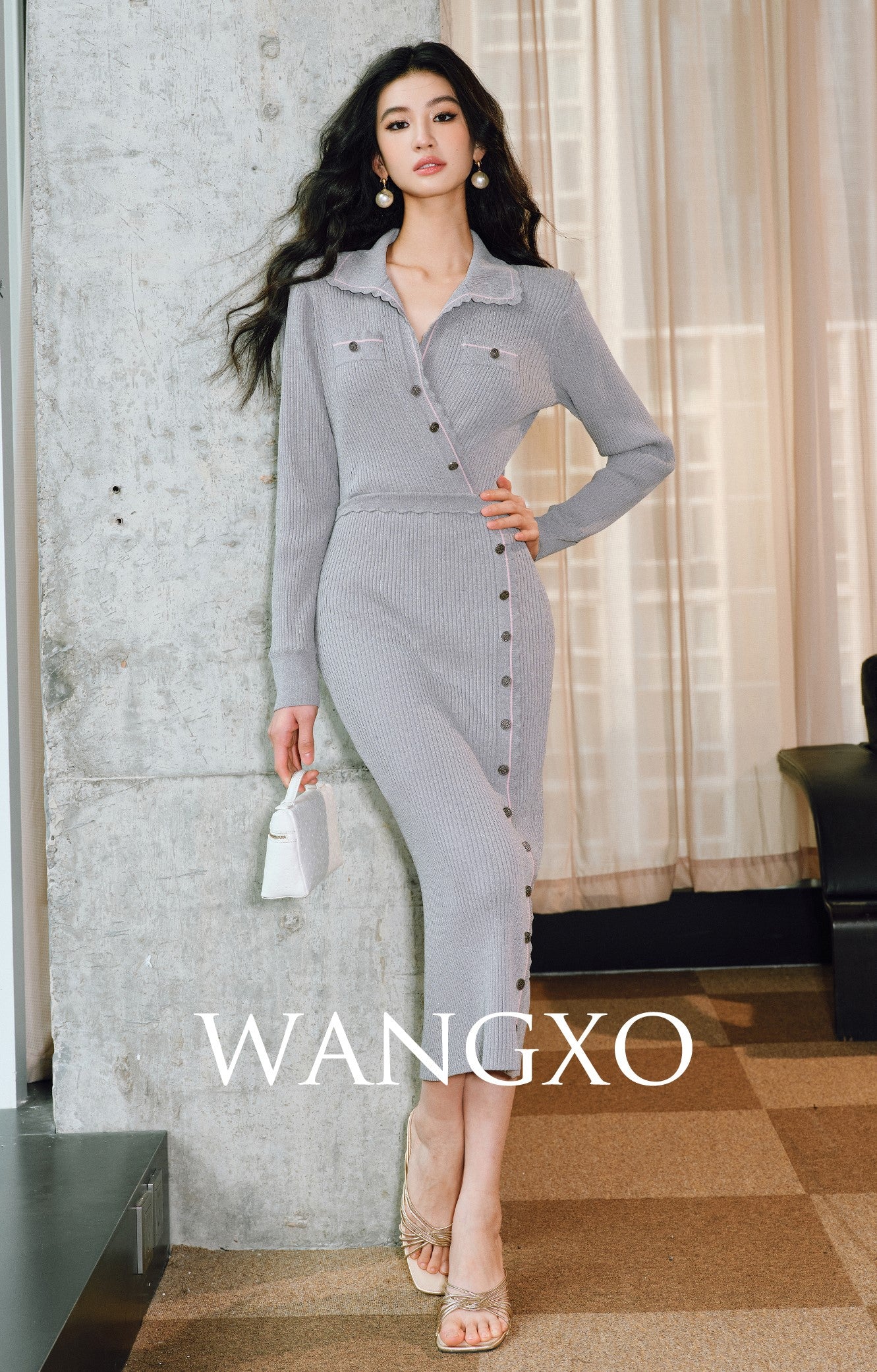 WANGXO | Custom Needle Matte Linen Stripes Slim Knitted Dress -SÉLI.