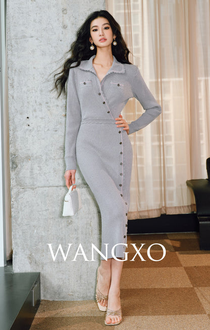 WANGXO | Custom Needle Matte Linen Stripes Slim Knitted Dress -SÉLI.