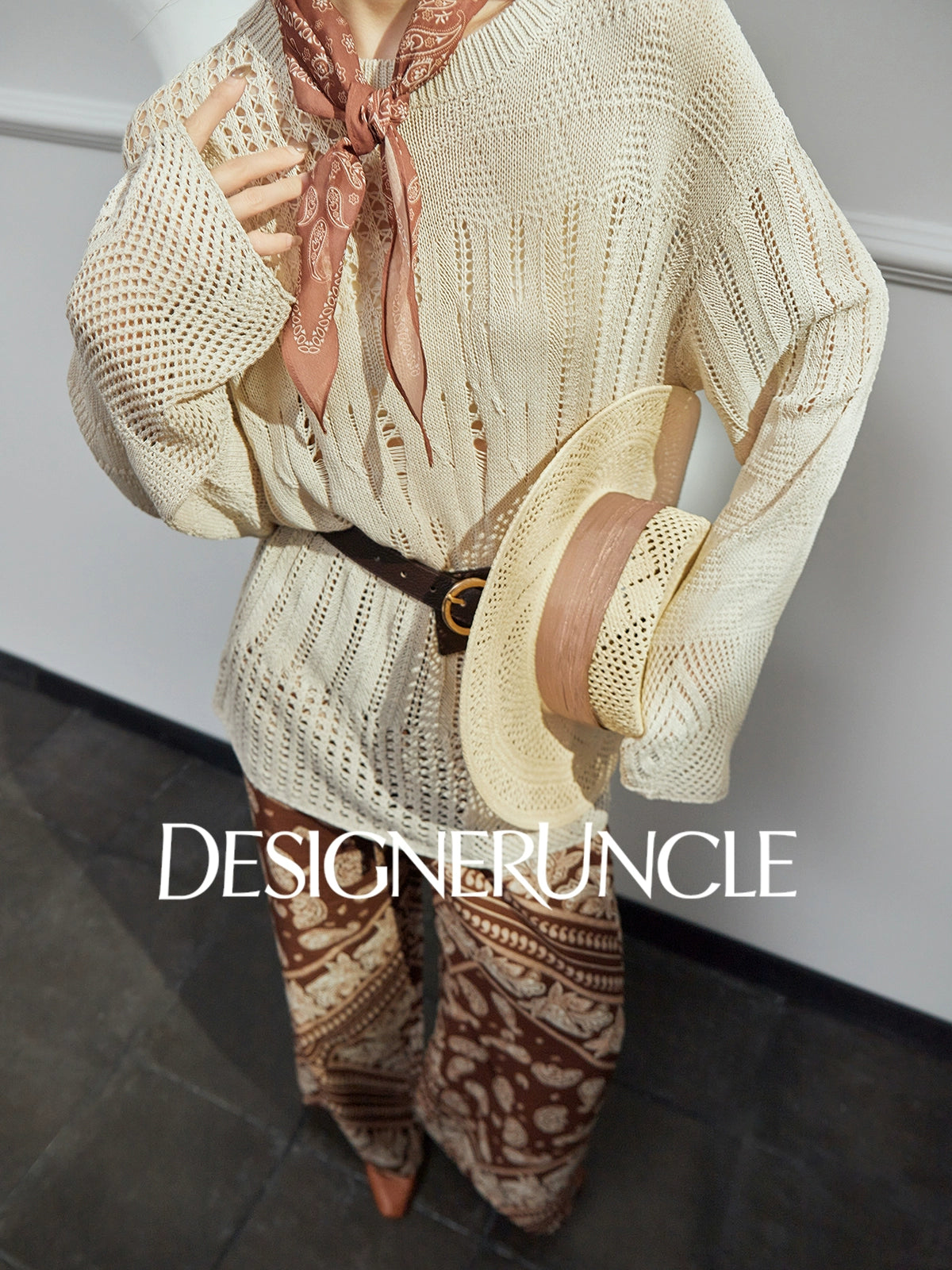 DGU| Khaki Knitted Sweater Hollow Design Niche Loose Top - Felicia.
