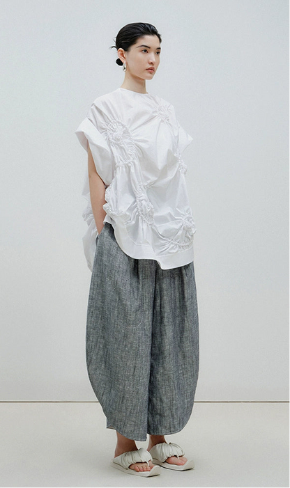 ZHUCHONGYUN Jacquard cotton linen belted loose cocoon pants-ARATAKA.