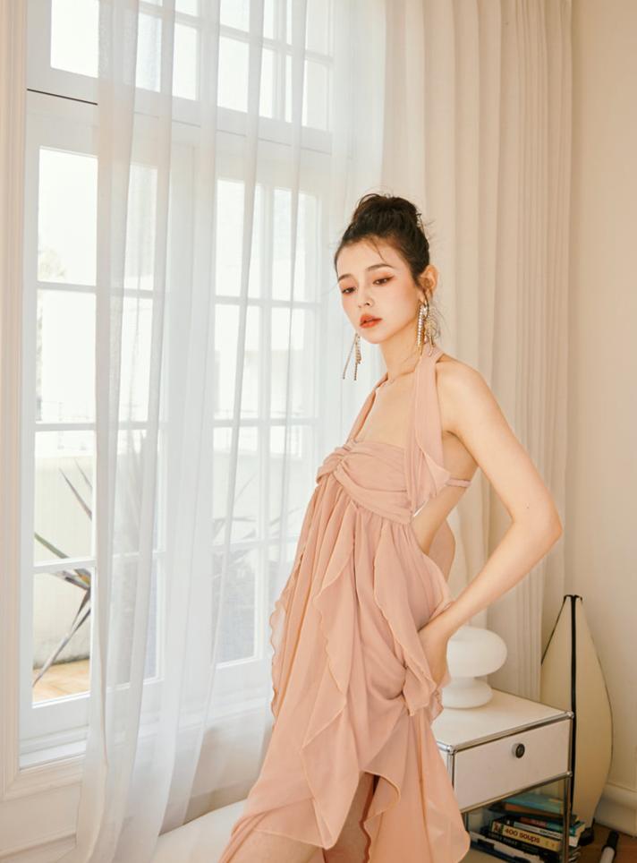 DOLLY Luxury Peach French Style Halter Neck Sleeveless Chiffon Flowing Dress-EVE