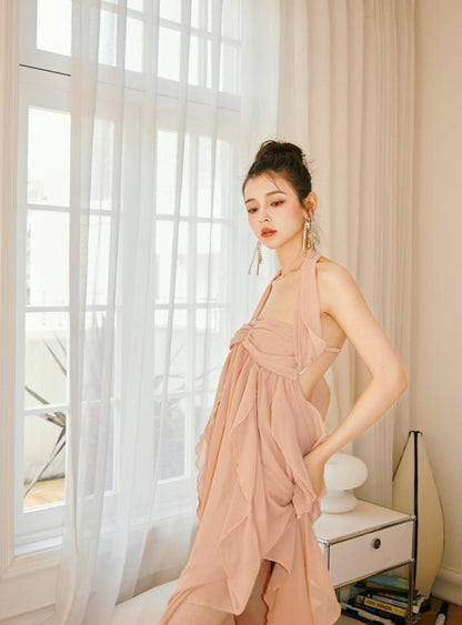 DOLLY Luxury Peach French Style Halter Neck Sleeveless Chiffon Flowing Dress-EVE
