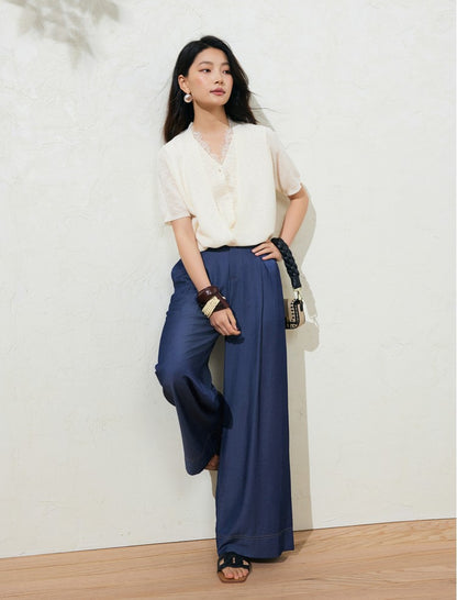 SUSHE LACE STITCHING V-NECK FIVE-QUARTER SLEEVES TWO-PIECE KNITTED TOP-EVA