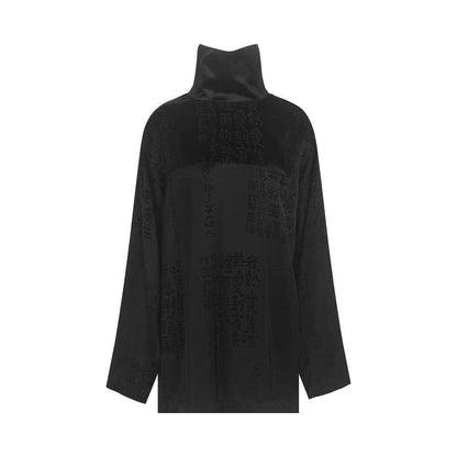 TUYUE Black Acetate Satin Calligraphy Dark Pattern High Neck Long Sleeve Shirt- JOSH.