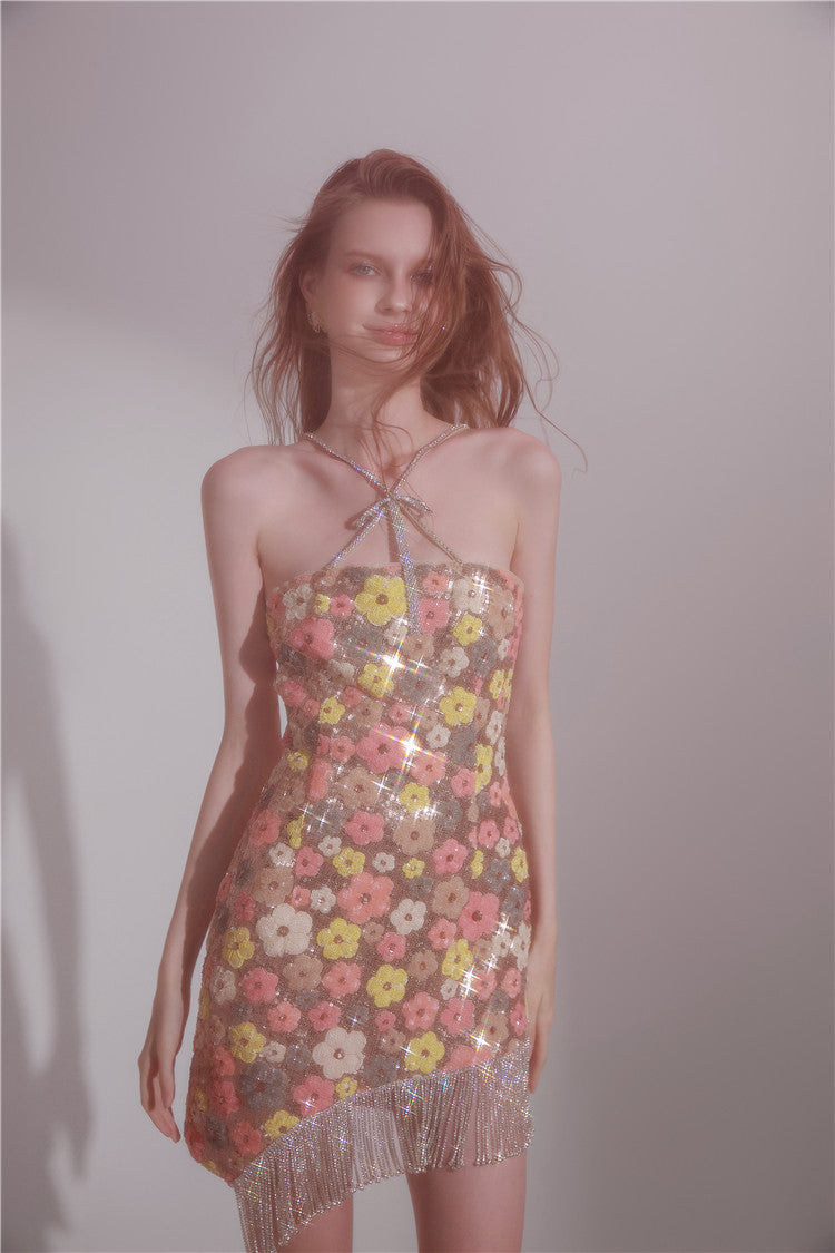 Wardrobes by Chen HighEnd Halter Diamond Tassel  sequin cocktail dress-Jam