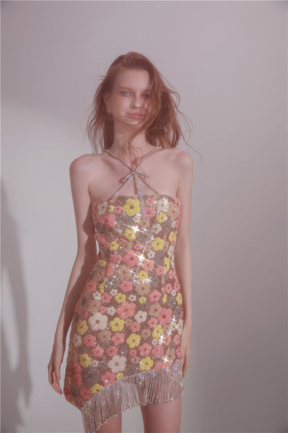 Wardrobes by Chen HighEnd Halter Diamond Tassel  sequin cocktail dress-Jam