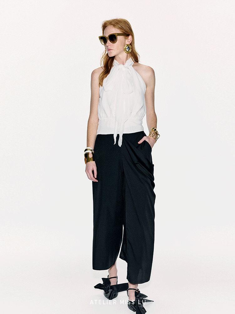 ATELIER MISS LU Long Streamer Design Mulberry Silk Shaved Shoulder Top - YAWEH
