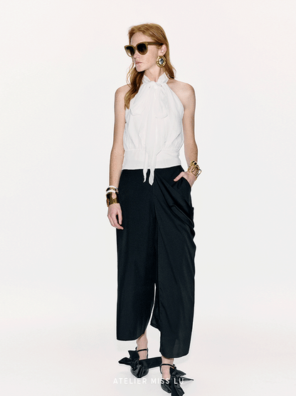 ATELIER MISS LU Long Streamer Design Mulberry Silk Shaved Shoulder Top - YAWEH
