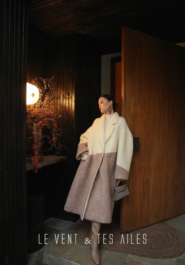LE VENT&TES AILES French luxury fine long color-block wool coat -ALEC.