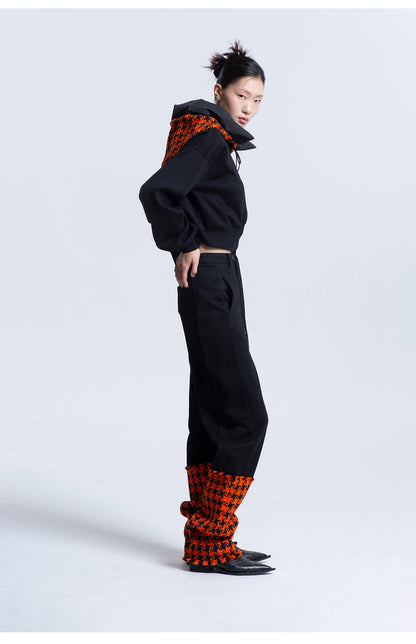 LEDIM W Patchwork luxury orange houndstooth plaid hooded black sweat shirt pullover -Haiei