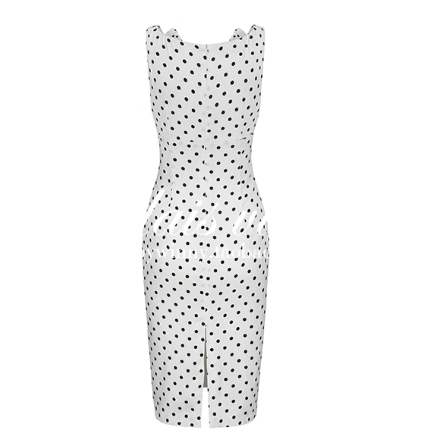 Le palais vintage black and white polka dot slim fit V-neck faux silk dress - MEEK.