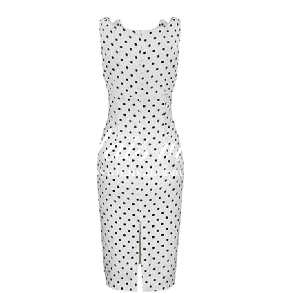 Le palais vintage black and white polka dot slim fit V-neck faux silk dress - MEEK.