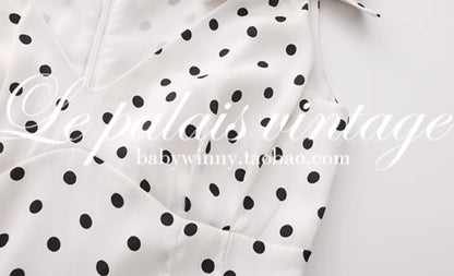 Le palais vintage black and white polka dot slim fit V-neck faux silk dress - MEEK.