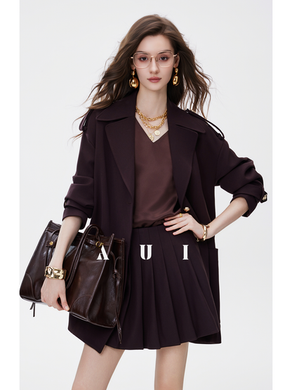 AUI Mocha Mousse Suit Collar Trench Coat Jacket - Hana!