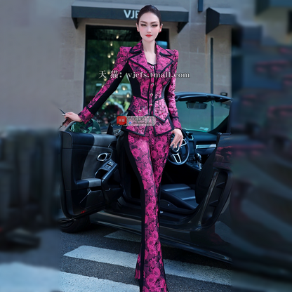 VJE Jacquard Suit Micro Flared Pants Two-Piece Set Slim OL Suit-NAMS.