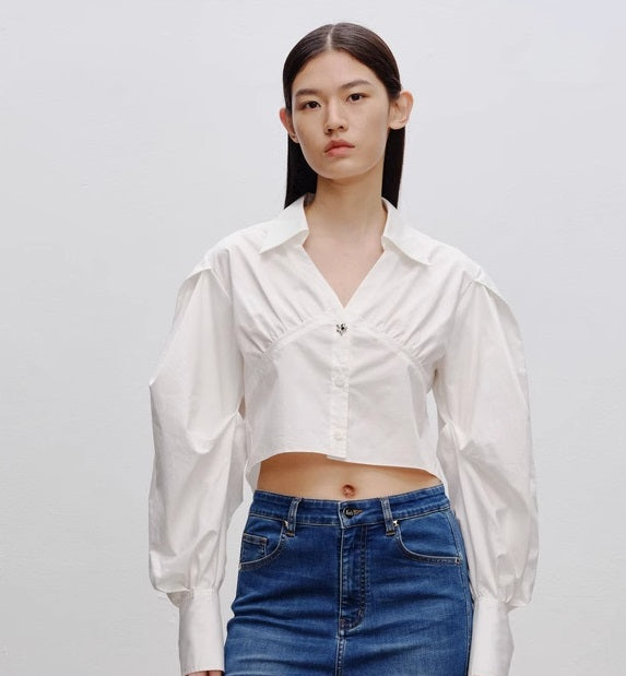COMME MOI  v-neck short white simple shape sleeve shirt top - GIANNA.