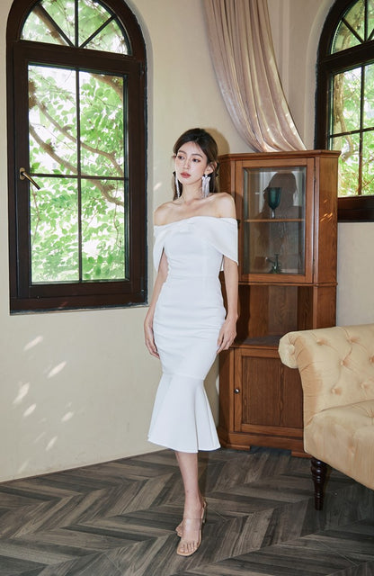 DOLLY High End Off Shoulder Tube Bow Top Body Hug Fish Tail Dinner Dress-IMELDA